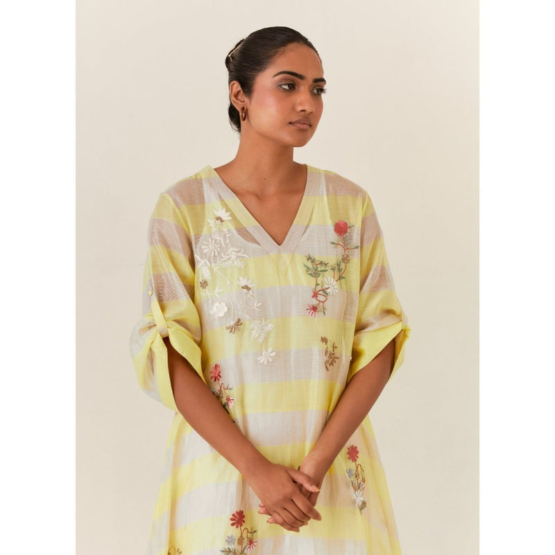 PRAMA By Pratima Pandey Floral Chanderi Yellow Kurta with Inner (Set of 2)