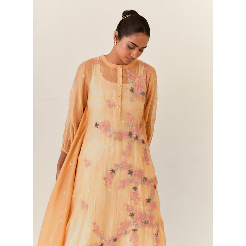 PRAMA By Pratima Pandey Floral Chanderi Mustard Kurta with Inner (Set of 2)
