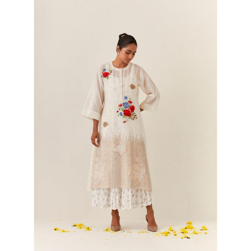 PRAMA By Pratima Pandey Embroidered Chanderi Ivory Kurta with Inner (Set of 2)