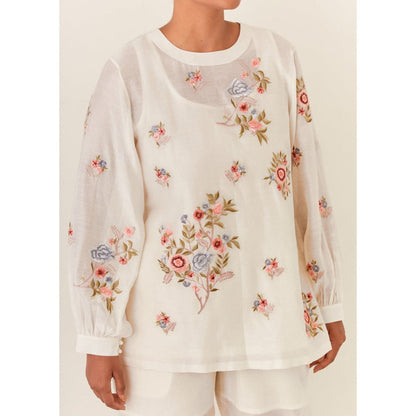 PRAMA By Pratima Pandey Floral Chanderi Ivory Co-Ord (Set of 3)