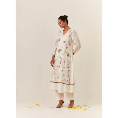 PRAMA By Pratima Pandey Floral Chanderi Ivory Kurta with Inner & Pant (Set of 3)