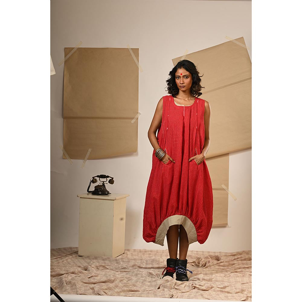 PRATHAA Red Balloon Style Checks Dress