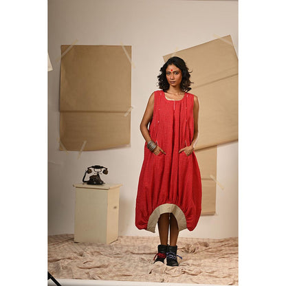 PRATHAA Red Balloon Style Checks Dress