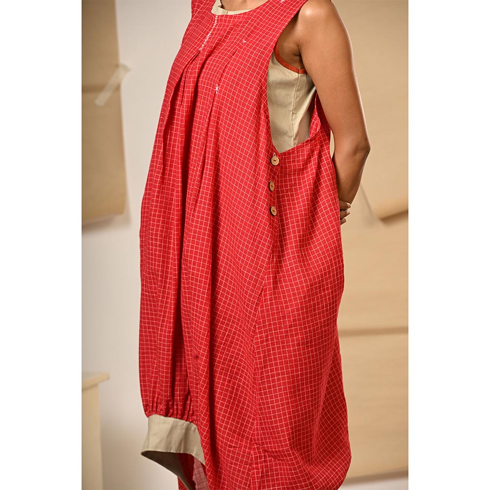 PRATHAA Red Balloon Style Checks Dress