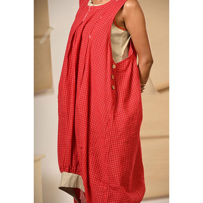 PRATHAA Red Balloon Style Checks Dress