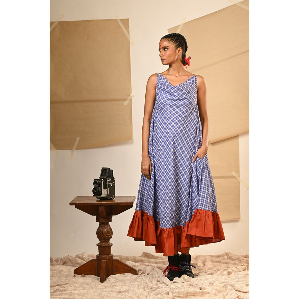 PRATHAA Blue Spaghetti Cowl Dress