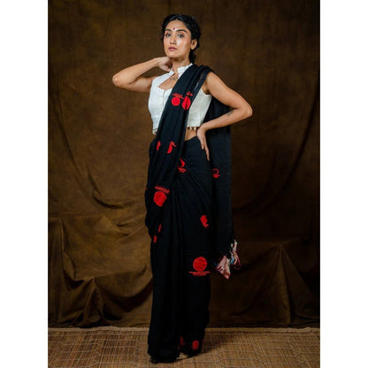 PRATHAA Black Bindi Saree with Unstitched Blouse - Mul