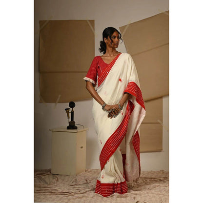 PRATHAA Off White Embroidery Bindi Saree with Unstitched Blouse - Linen