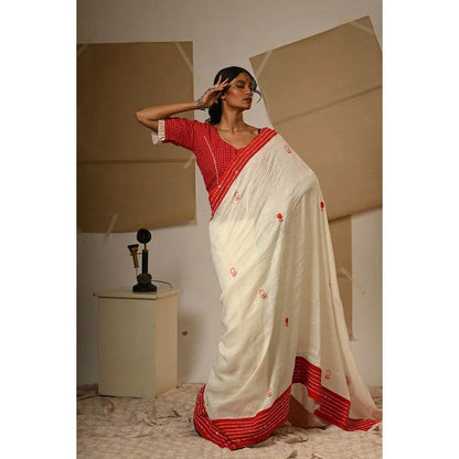 PRATHAA Off White Embroidery Bindi Saree with Unstitched Blouse - Linen