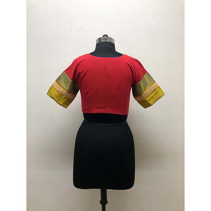 PRATHAA Red Stitched Blouse With Sleeve Border Handloom Cotton Stitched Blouse