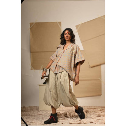 PRATHAA Women Grey Cotton Checkered Top with Pant