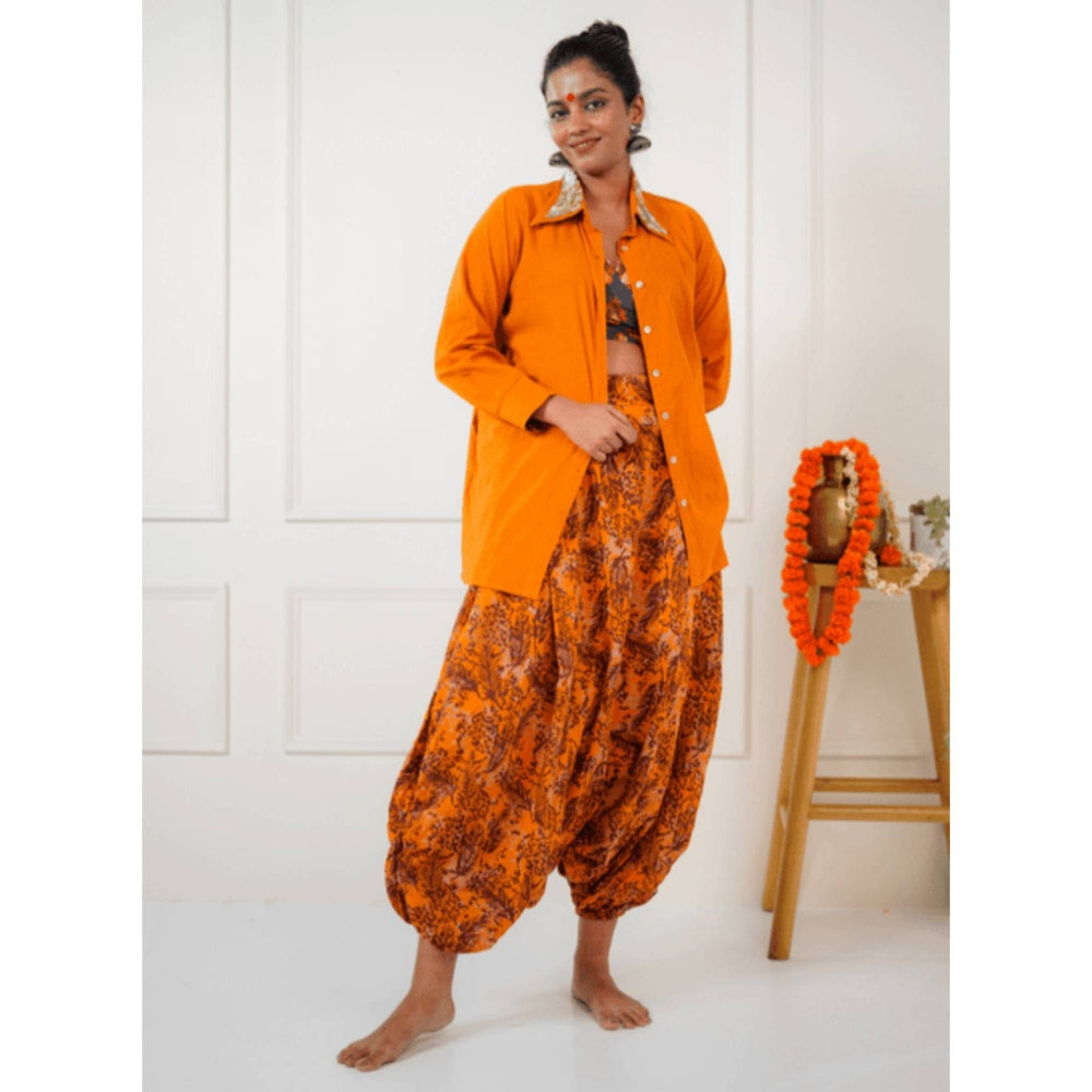 PRATHAA Women Orange Cotton Printed Shirt with Harem Pants