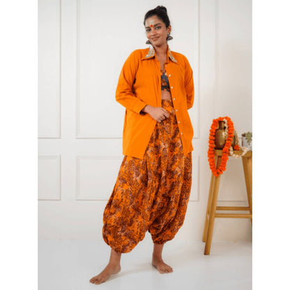 PRATHAA Women Orange Cotton Printed Shirt with Harem Pants