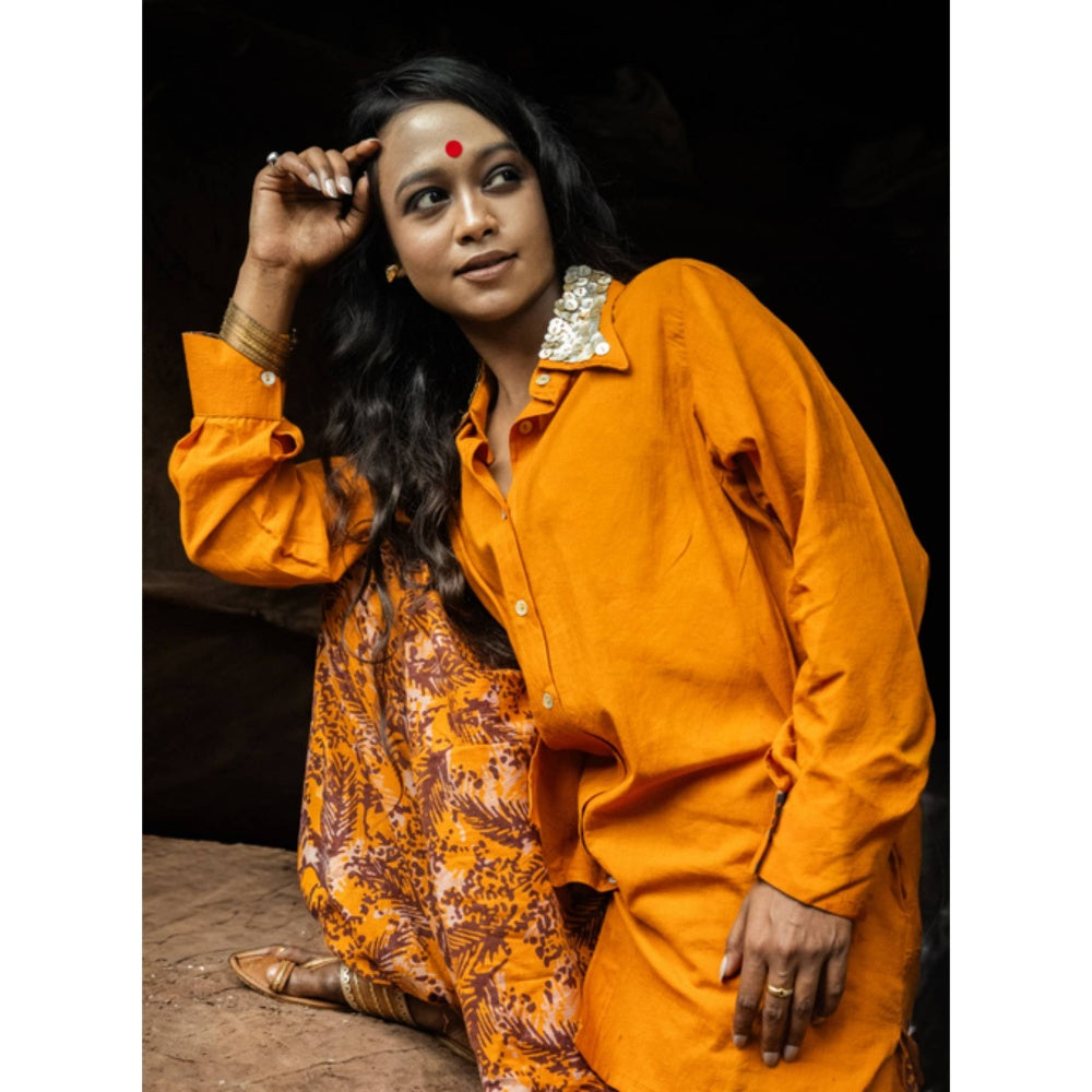 PRATHAA Women Orange Cotton Printed Shirt with Harem Pants