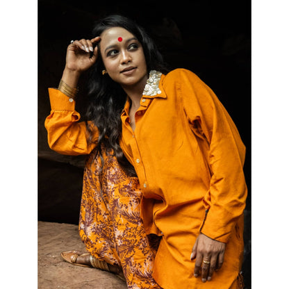 PRATHAA Women Orange Cotton Printed Shirt with Harem Pants