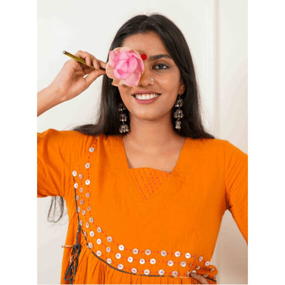 PRATHAA Women Orange Cotton Embroidered Tunic with Pant