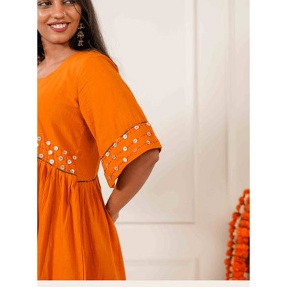 PRATHAA Women Orange Cotton Embroidered Tunic with Pant