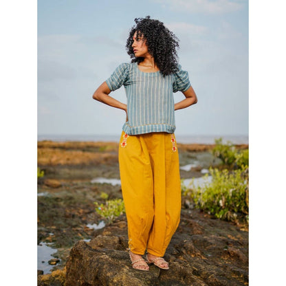 PRATHAA Udaan Co-Ord Set | Handloom Cotton Striped Top And Yellow Pants Set