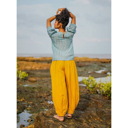 PRATHAA Udaan Co-Ord Set | Handloom Cotton Striped Top And Yellow Pants Set