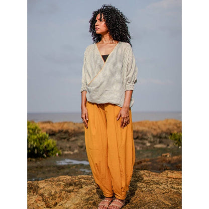 PRATHAA Manzar Co-Ord Set | Handloom Cotton Check Top And Yellow Pants Set