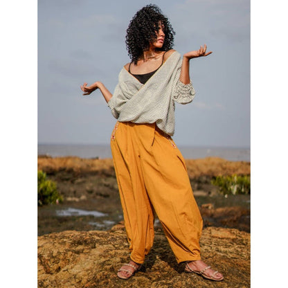 PRATHAA Manzar Co-Ord Set | Handloom Cotton Check Top And Yellow Pants Set