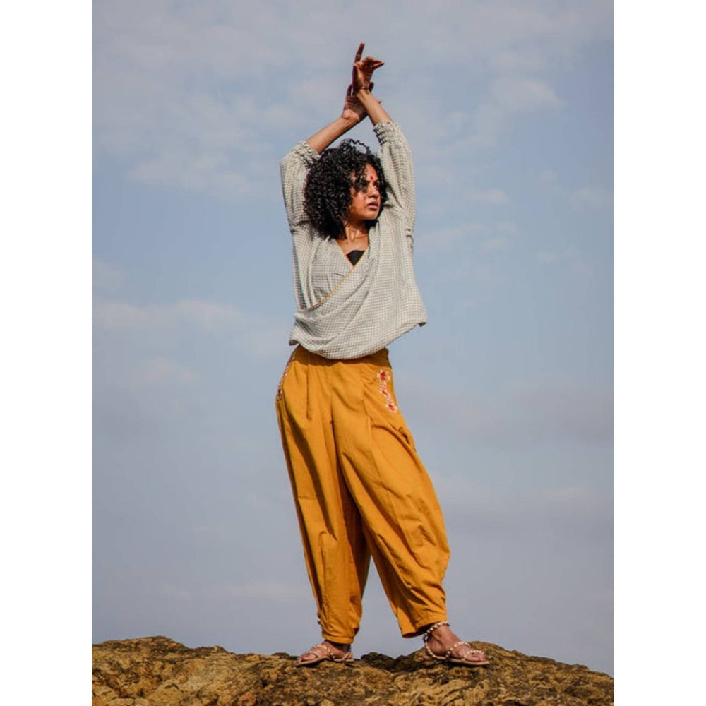 PRATHAA Manzar Co-Ord Set | Handloom Cotton Check Top And Yellow Pants Set