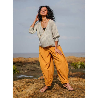 PRATHAA Manzar Co-Ord Set | Handloom Cotton Check Top And Yellow Pants Set