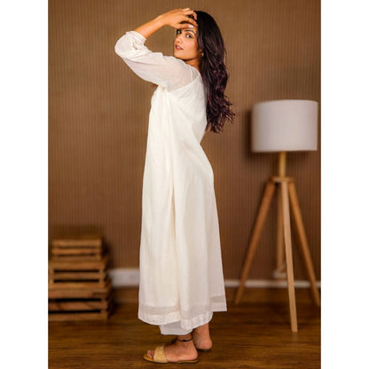 PRATHAA Abha Handloom Cotton White Dress with Pants