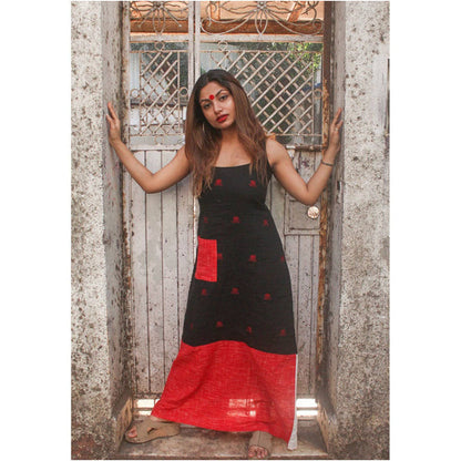 PRATHAA Black Straight Cut Racerback Maxi Dress In Jamdani Fabric