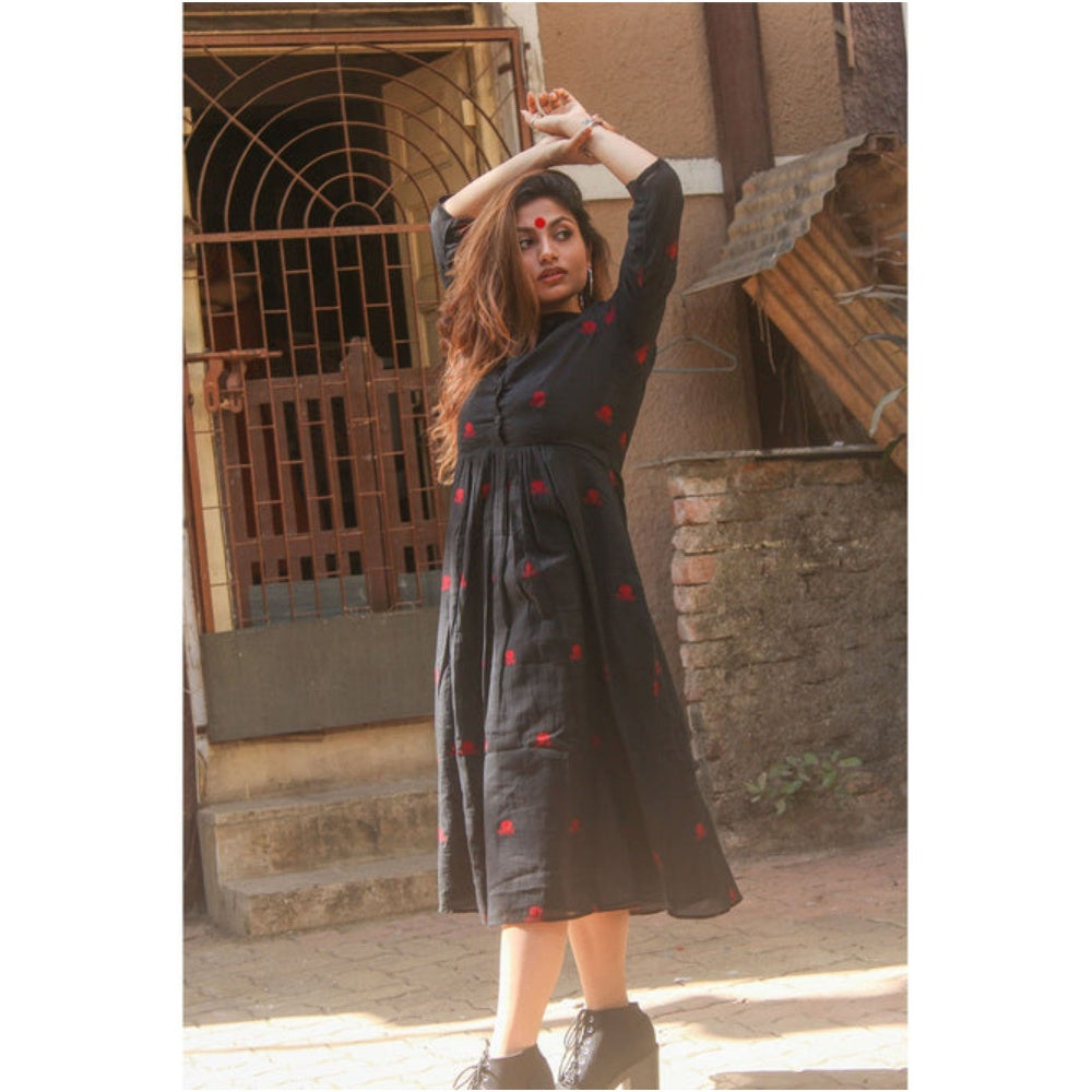 PRATHAA Black Mandarin Collared Midi Dress In Jamdani Fabric