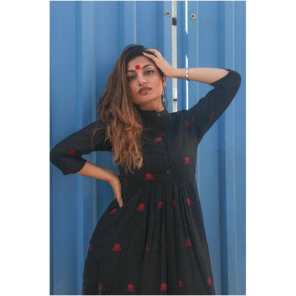 PRATHAA Black Mandarin Collared Midi Dress In Jamdani Fabric