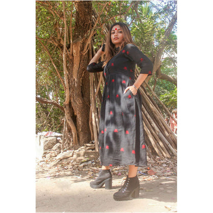 PRATHAA Black Mandarin Collared Midi Dress In Jamdani Fabric