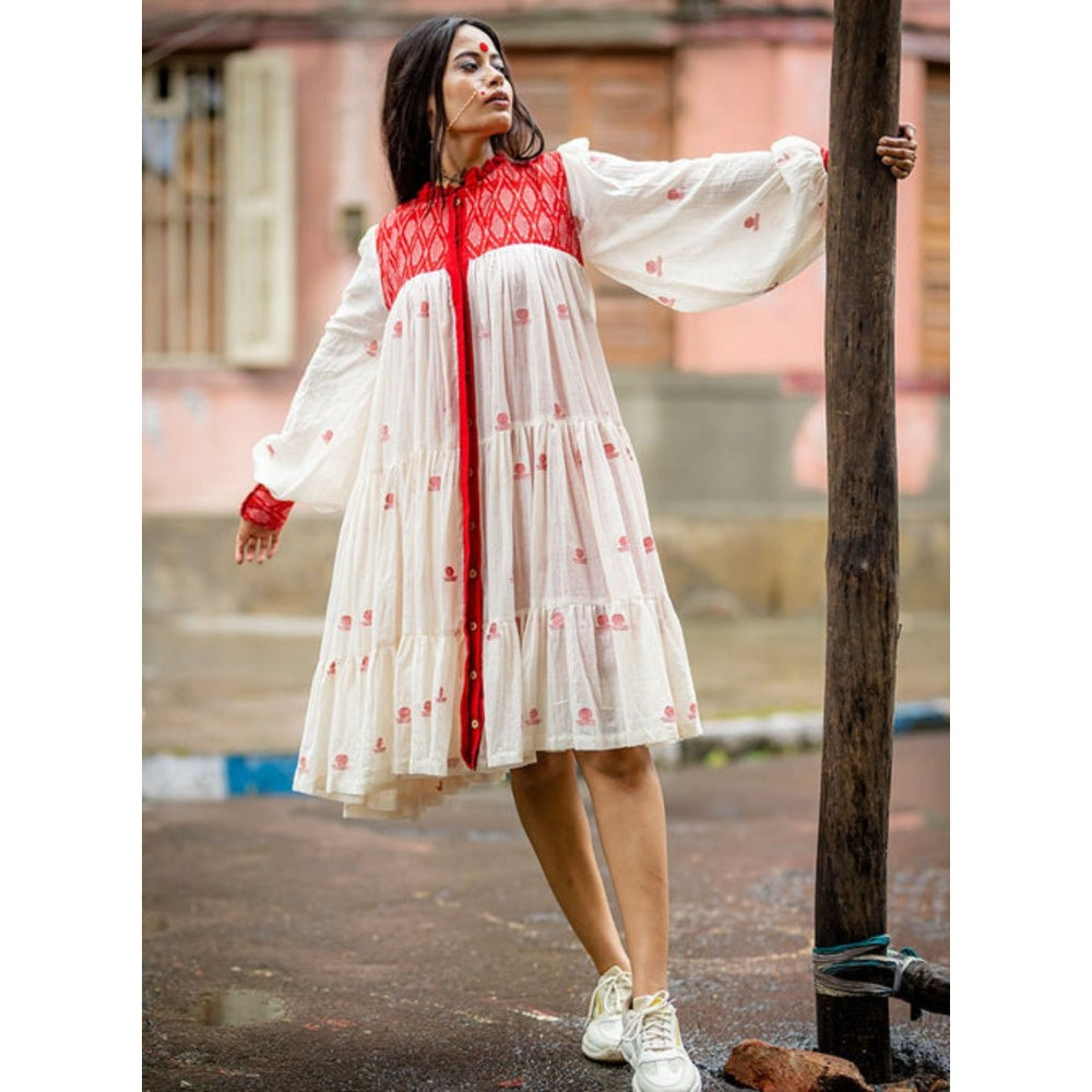 PRATHAA Debi Dress - Jamdani Three Tier Flare Dress with Red Shift Dress
