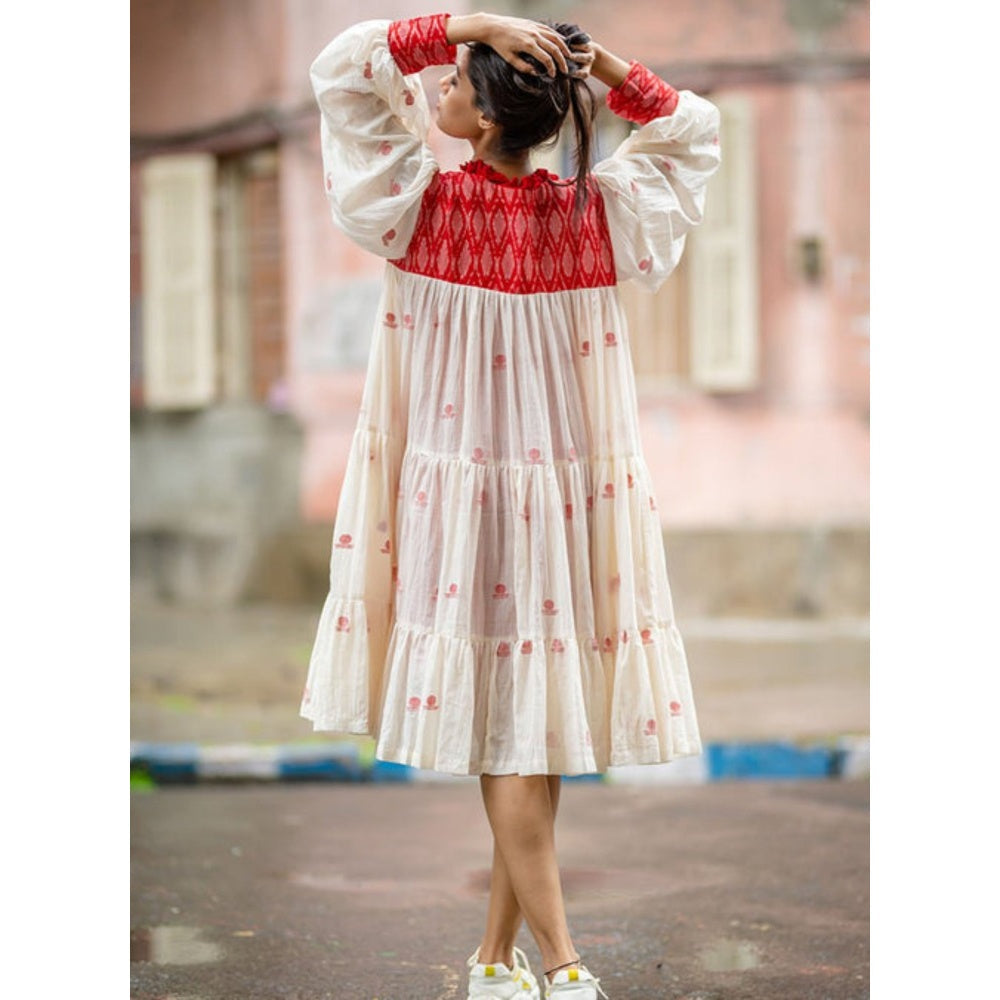 PRATHAA Debi Dress - Jamdani Three Tier Flare Dress with Red Shift Dress