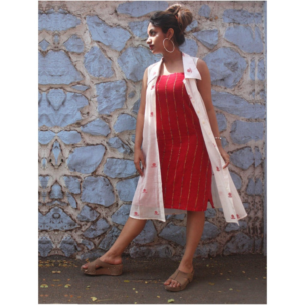 PRATHAA White Shirt Dress In Jamdani Fabric with Red Slip