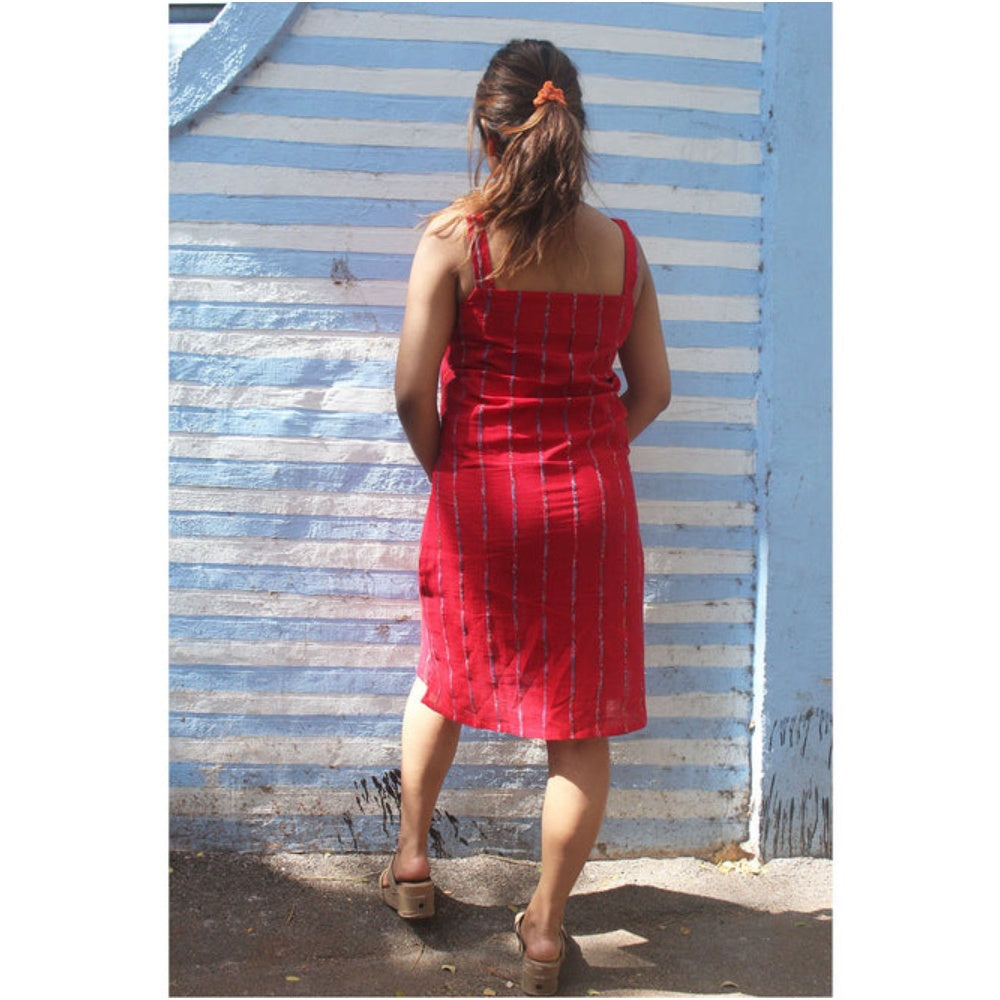 PRATHAA White Shirt Dress In Jamdani Fabric with Red Slip
