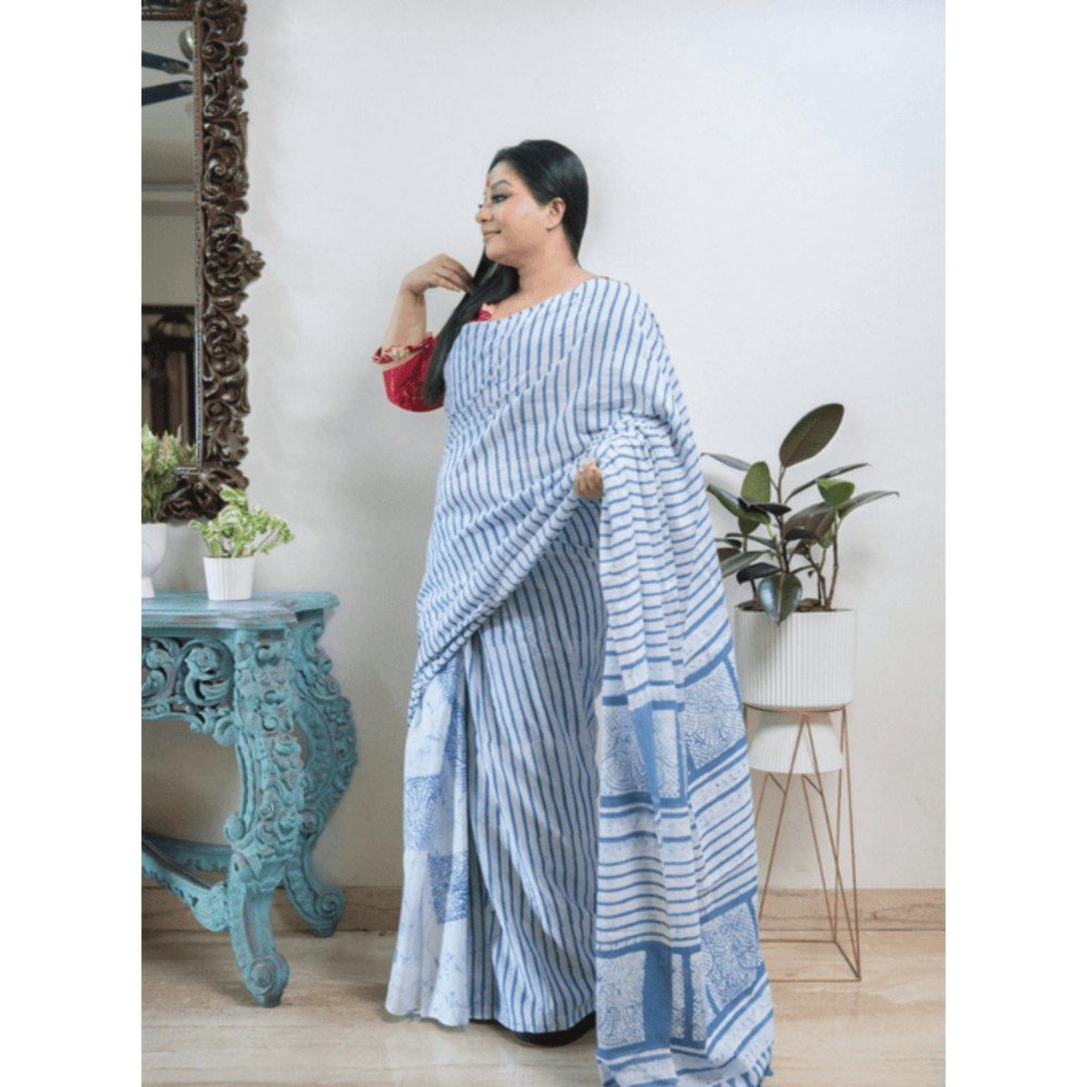 PRATHAA Neelakshi Batik Print Handloom Cotton Saree Without Blouse