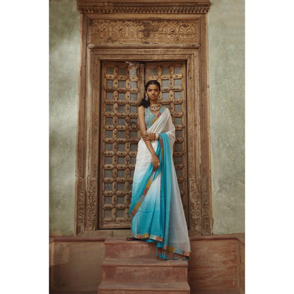 PRATIBHA SULTANIA White Jaali Border Saree with Stitched Blouse