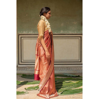 PRIYANKA RAAJIV Zuri - Burgundy Textured, Silk Banarasi Saree with Unstitched Blouse