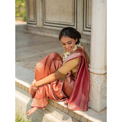 PRIYANKA RAAJIV Zuri - Burgundy Textured, Silk Banarasi Saree with Unstitched Blouse