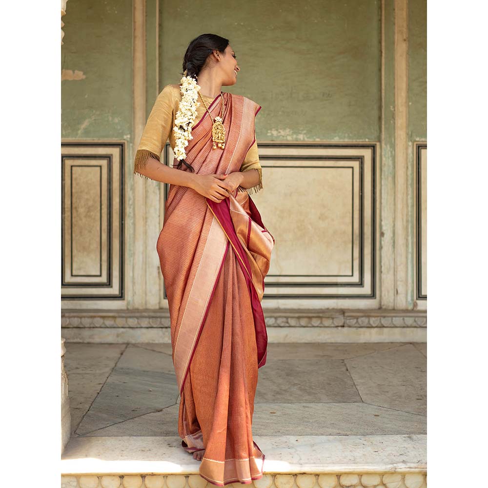 PRIYANKA RAAJIV Zuri - Burgundy Textured, Silk Banarasi Saree with Unstitched Blouse