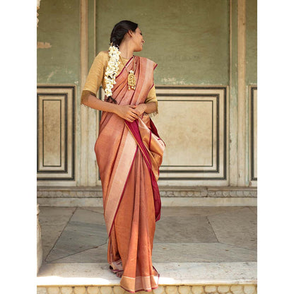 PRIYANKA RAAJIV Zuri - Burgundy Textured, Silk Banarasi Saree with Unstitched Blouse