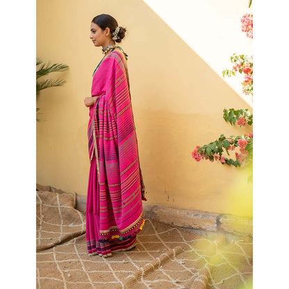 PRIYANKA RAAJIV Kiah - Fuscia Pink Organic Cotton Saree with Unstitched Blouse