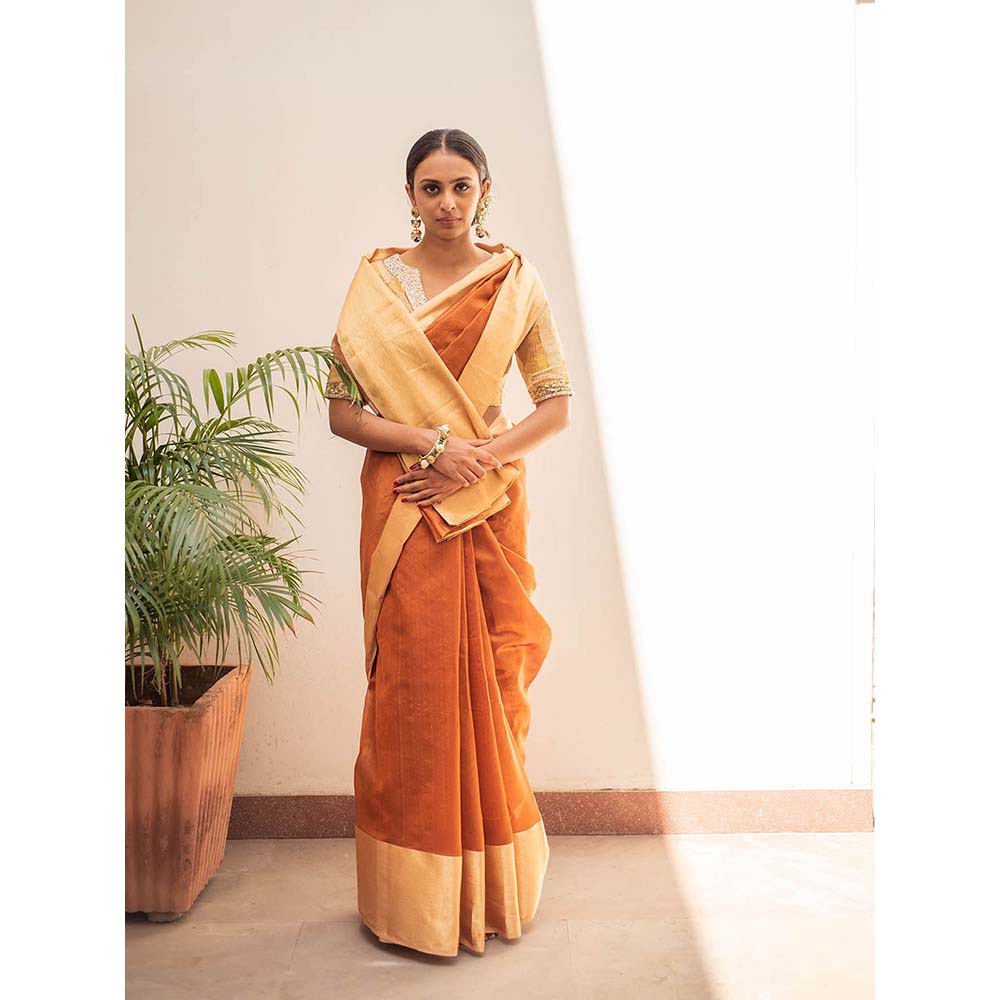 PRIYANKA RAAJIV Lopa Rust : Rust and Gold Plain Silk Chanderi Saree with Unstitched Blouse