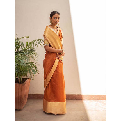 PRIYANKA RAAJIV Lopa Rust : Rust and Gold Plain Silk Chanderi Saree with Unstitched Blouse