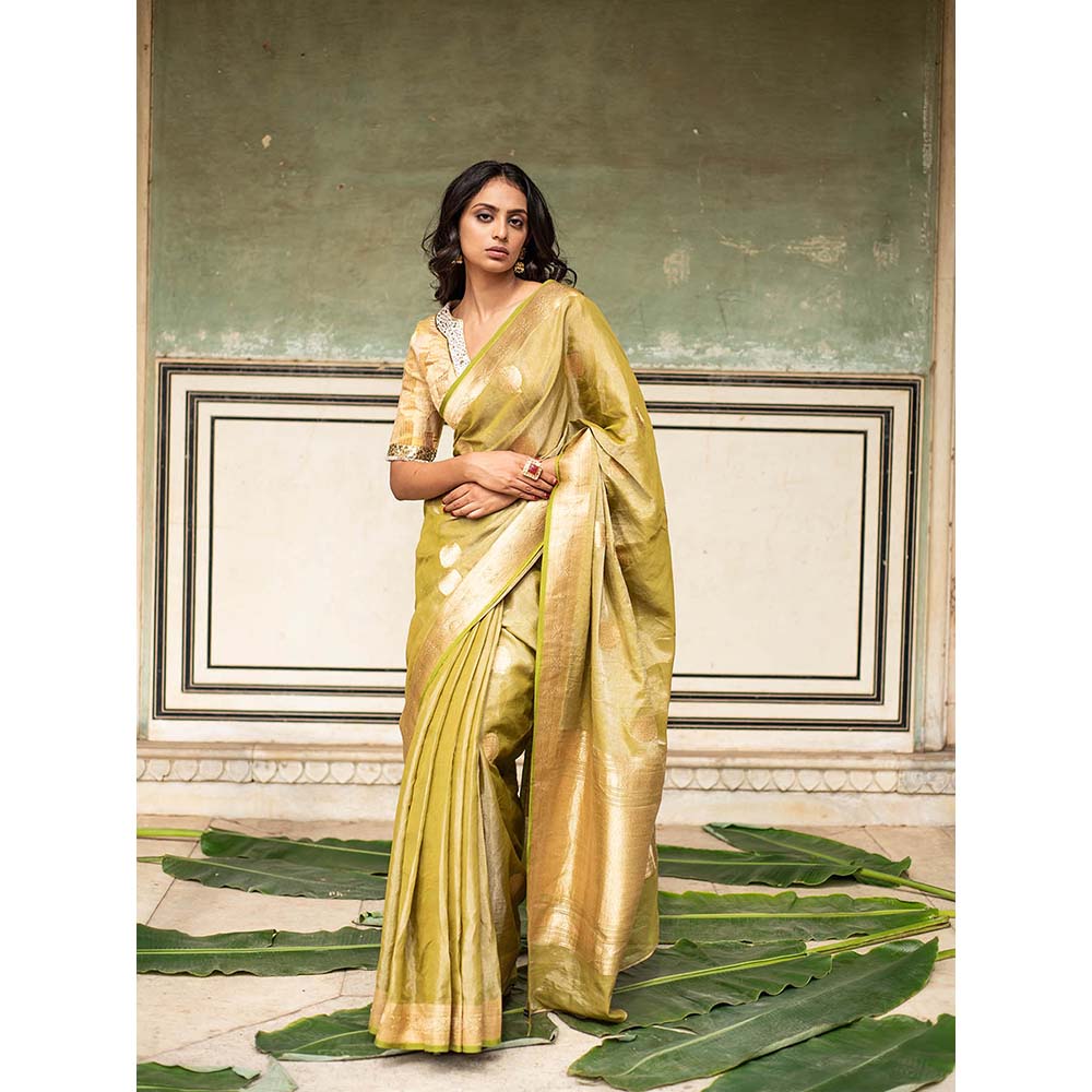 PRIYANKA RAAJIV Rena Green - Olive Green Silk Banarasi Saree with Unstitched Blouse