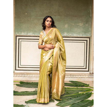 PRIYANKA RAAJIV Rena Green - Olive Green Silk Banarasi Saree with Unstitched Blouse