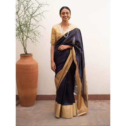 PRIYANKA RAAJIV Lopa Navy Blue - Blue and Gold Silk Chanderi Saree with Unstitched Blouse