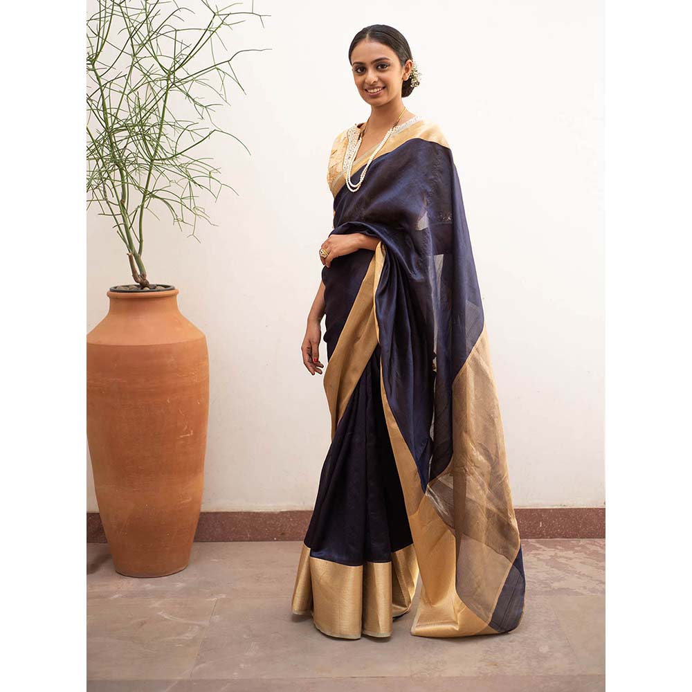 PRIYANKA RAAJIV Lopa Navy Blue - Blue and Gold Silk Chanderi Saree with Unstitched Blouse