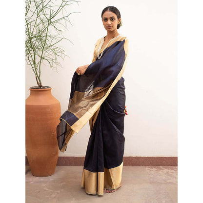 PRIYANKA RAAJIV Lopa Navy Blue - Blue and Gold Silk Chanderi Saree with Unstitched Blouse